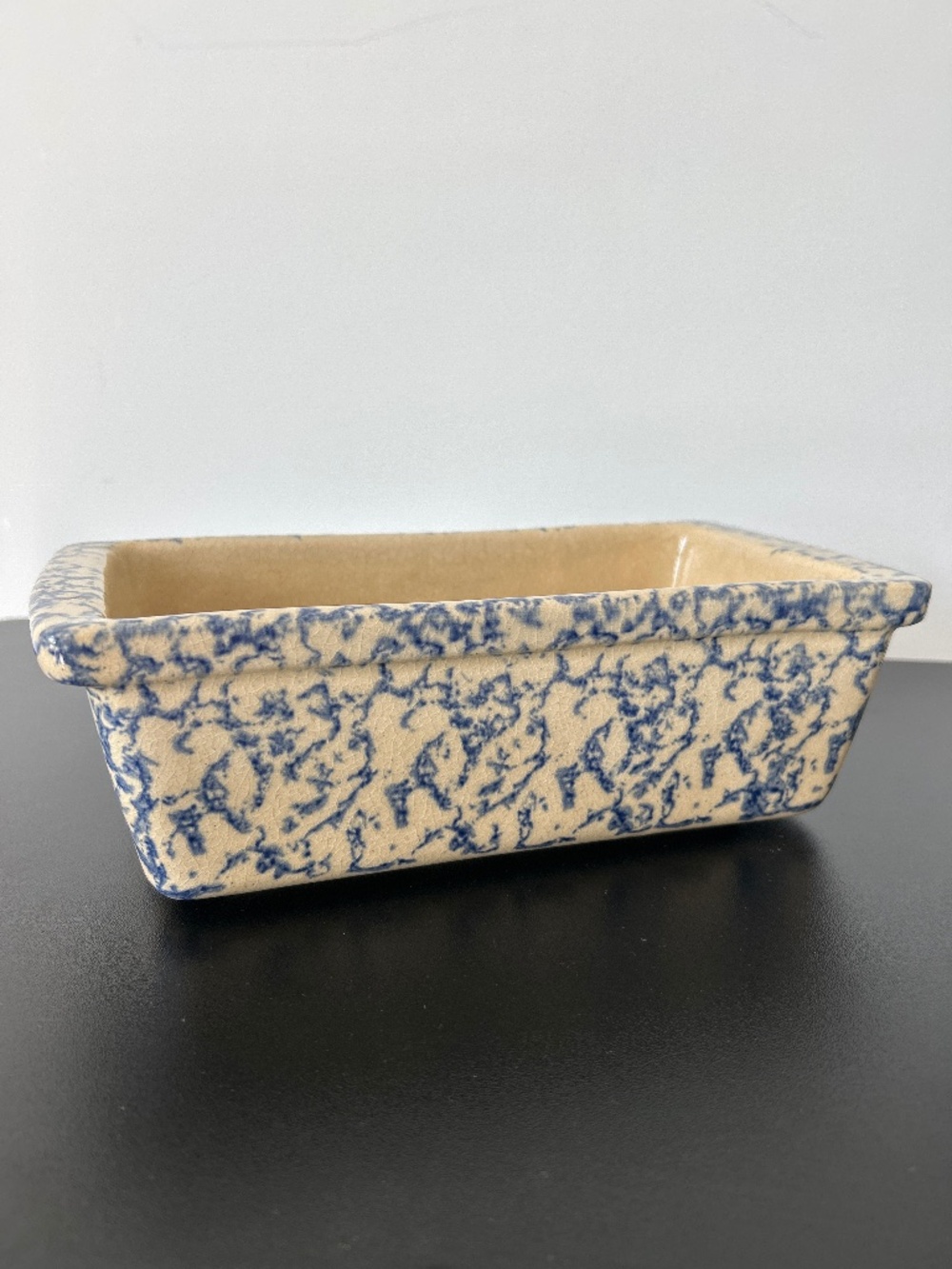 Vintage Robinson Ransbottom Blue Spongeware Pottery Loaf Pan